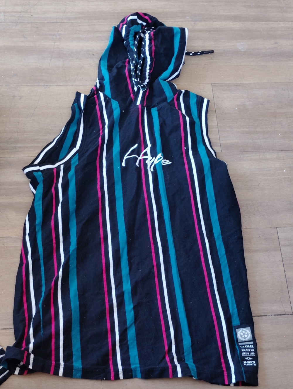Sleeveless Hooded Tank with Teal & Pink Stripes Size Medium